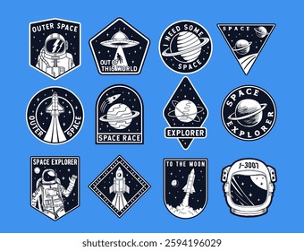 A collection of vintage space-themed badge illustrations with astronauts, rockets, planets, UFOs, and space exploration quotes. Perfect for stickers, patches, t-shirts, and other designs.