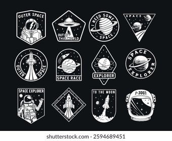 A collection of vintage space-themed badge illustrations with astronauts, rockets, planets, UFOs, and space exploration quotes. Perfect for stickers, patches, t-shirts, and other designs.