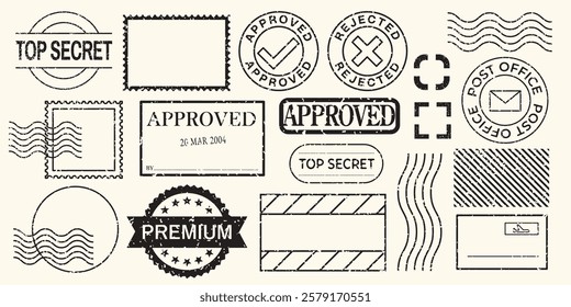 Collection of vintage stamps and labels featuring 'Approved', 'Rejected', 'Top Secret', and postal designs. Retro stamp designs with classic typography. Black stamps, vector set.