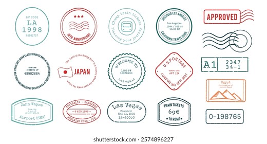 Collection of vintage stamps and postmarks. Includes travel stamps, postal marks, and approval seals. Retro stamps, vintage postmarks, travel themes. Element vector collection.