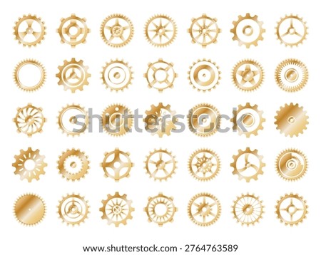Collection of vintage steampunk gears and mechanical cogs. vector illustration features various brass clockwork elements with an industrial Victorian aesthetic. Perfect for technical diagrams, scrapbooking, background patterns, and mechanical design concepts