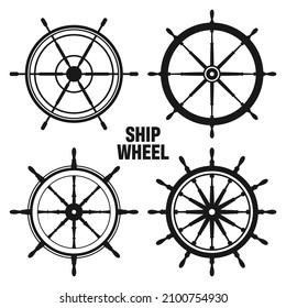 Collection of vintage steering wheels. Ship, yacht retro wheel symbol. Nautical rudder icon. Marine design element. Vector illustration