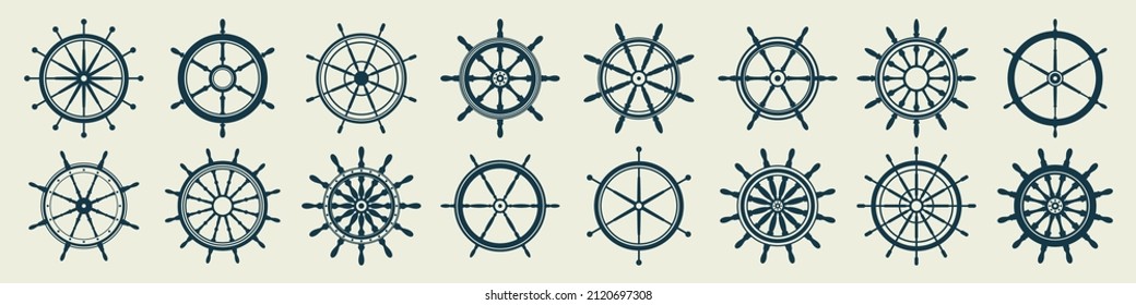 Collection of vintage steering wheels. Ship, yacht retro wheel symbol. Nautical rudder icon. Marine design element. Vector illustration