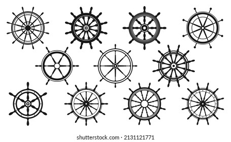 Collection of vintage steering wheels. Ship, yacht retro wheel symbol. Nautical rudder icon. Marine design element. Vector illustration