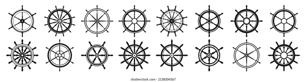 Collection of vintage steering wheels. Ship, yacht retro wheel symbol. Nautical rudder icon. Marine design element. Vector illustration