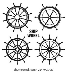 Collection of vintage steering wheels. Ship, yacht retro wheel symbol. Nautical rudder icon. Marine design element. Vector illustration