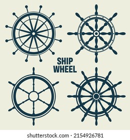 Collection of vintage steering wheels. Ship, yacht retro wheel symbol. Nautical rudder icon. Marine design element. Vector illustration
