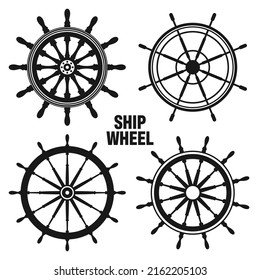 Collection of vintage steering wheels. Ship, yacht retro wheel symbol. Nautical rudder icon. Marine design element. Vector illustration