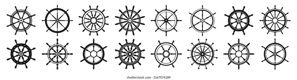 Collection of vintage steering wheels. Ship, yacht retro wheel symbol. Nautical rudder icon. Marine design element. Vector illustration