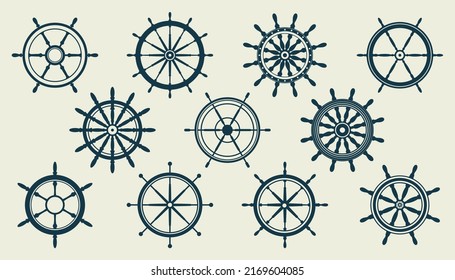 Collection of vintage steering wheels. Ship, yacht retro wheel symbol. Nautical rudder icon. Marine design element. Vector illustration