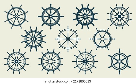 Collection of vintage steering wheels. Ship, yacht retro wheel symbol. Nautical rudder icon. Marine design element. Vector illustration