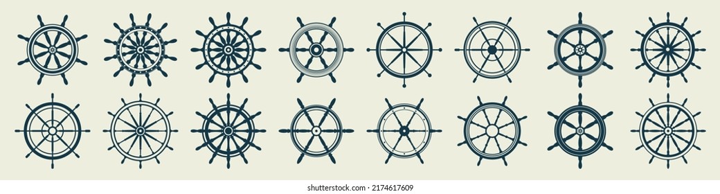 Collection of vintage steering wheels. Ship, yacht retro wheel symbol. Nautical rudder icon. Marine design element. Vector illustration