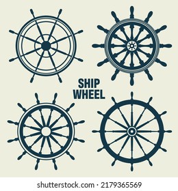 Collection of vintage steering wheels. Ship, yacht retro wheel symbol. Nautical rudder icon. Marine design element. Vector illustration