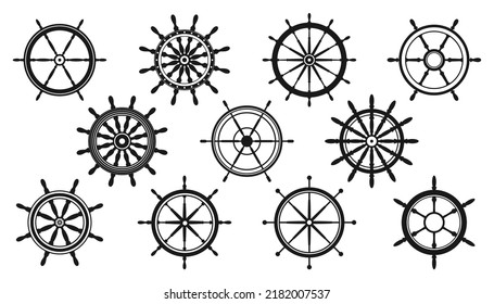Collection of vintage steering wheels. Ship, yacht retro wheel symbol. Nautical rudder icon. Marine design element. Vector illustration