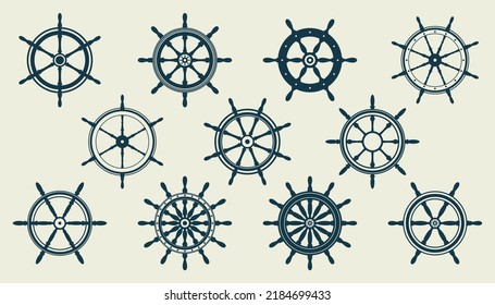 Collection of vintage steering wheels. Ship, yacht retro wheel symbol. Nautical rudder icon. Marine design element. Vector illustration