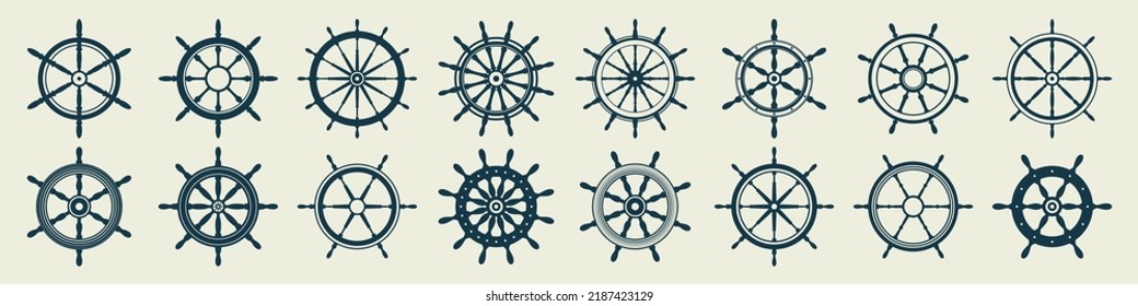 Collection of vintage steering wheels. Ship, yacht retro wheel symbol. Nautical rudder icon. Marine design element. Vector illustration