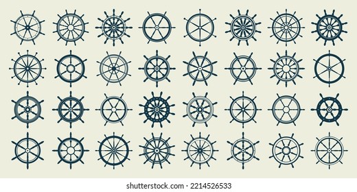 Colección de volantes vintage. Barco, símbolo de rueda retro de yates. Icono del timón náutico. Elemento de diseño marino. Ilustración del vector