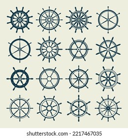 Collection of vintage steering wheels. Ship, yacht retro wheel symbol. Nautical rudder icon. Marine design element. Vector illustration