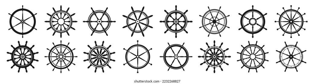 Collection of vintage steering wheels. Ship, yacht retro wheel symbol. Nautical rudder icon. Marine design element. Vector illustration