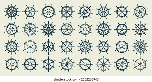 Collection of vintage steering wheels. Ship, yacht retro wheel symbol. Nautical rudder icon. Marine design element. Vector illustration