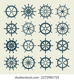 Collection of vintage steering wheels. Ship, yacht retro wheel symbol. Nautical rudder icon. Marine design element. Vector illustration