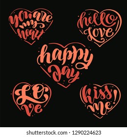 Collection of vintage stickers with popular lettering phrases about love. Handwritten calligraphy text Happy Valentine's Day. Set of vector Illustration
