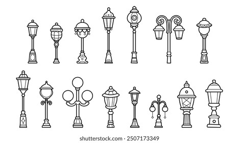 Collection of vintage street lamps in various designs, classic style and shapes, urban architectural elements, vector illustration.