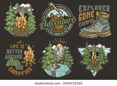 A collection of vintage style camping and adventure badges with nature and equipment themes. Sticker pack travel. Set for nature hiking and camp. T-shirt print.