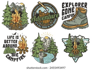 A collection of vintage style camping and adventure badges with nature and equipment themes. Sticker pack travel. Set for nature hiking and camp. T-shirt print.