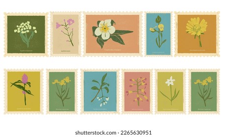 Collection of vintage style flower postage stamps. Set of beautiful hand-drawn stamps. Floral post stamps. Mail and post office conceptual drawing. Illustration vector on a white background.