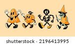 A collection of vintage style halloween characters including a ghost, pumpkin and witch. Vector illustration