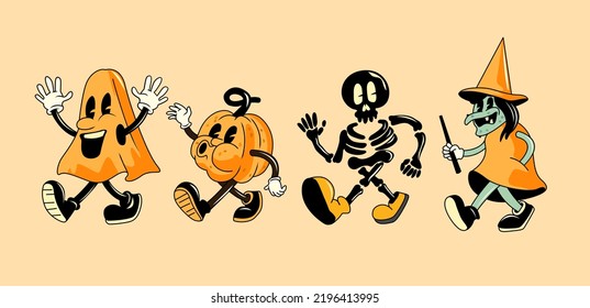 A collection vintage style halloween characters including ghost  pumpkin   witch  Vector illustration