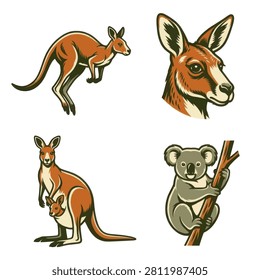 Collection of vintage style illustrations featuring jumping kangaroo, kangaroo head, mother kangaroo with joey, and koala on a branch.