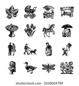 Collection of Vintage Style Park Illustrations 

