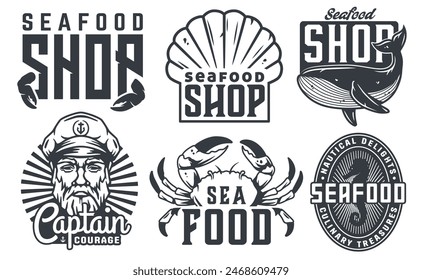 Collection of vintage style seafood shop logos featuring marine motifs for branding, advertising, and nautical designs.