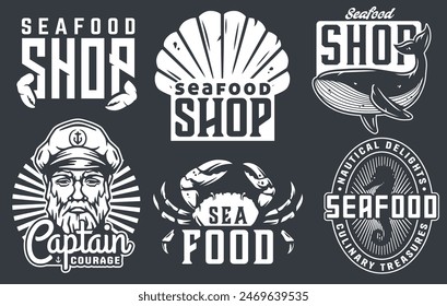 Collection of vintage style seafood shop logos featuring marine motifs for branding, advertising, and nautical designs.