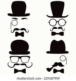 Collection of vintage style silhouette people heads with hats, mustaches, monocles, glasses and ties