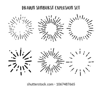 Collection of Vintage Sunburst Explosion Handdrawn Design Elements Fireworks Black Rays