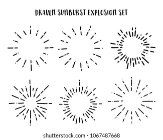 Collection of Vintage Sunburst Explosion Handdrawn Design Elements Fireworks Black Rays