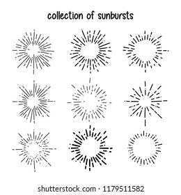 Collection of Vintage Sunburst Explosion Handdrawn Design Elements Fireworks Black Rays