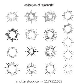 Collection of Vintage Sunburst Explosion Handdrawn Design Elements Fireworks Black Rays