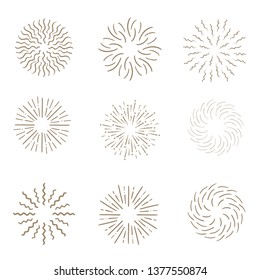 Collection of Vintage Sunburst Explosions. Handdrawn Design Graphic Element Fireworks Black Rays Vector