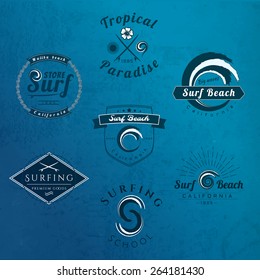 Collection of Vintage Surfing Graphics,Labels, Badges and Design elements