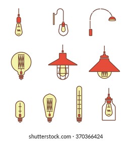 Collection of vintage symbols light bulbs and lamps.Edison light bulbs.Template for design. Business Signs, Logos, Elements, Labels, Sticker and Other Design Elements Vector illustration. Isolated 