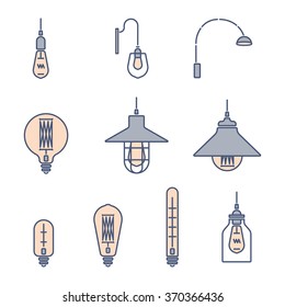 Collection of vintage symbols light bulbs and lamps.Edison light bulbs.Template for design. Business Signs, Logos, Elements, Labels, Sticker and Other Design Elements Vector illustration. Isolated 