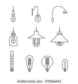 Collection of vintage symbols light bulbs and lamps.Edison light bulbs.Template for design. Business Signs, Logos, Elements, Labels, Sticker and Other Design Elements Vector illustration. Isolated 