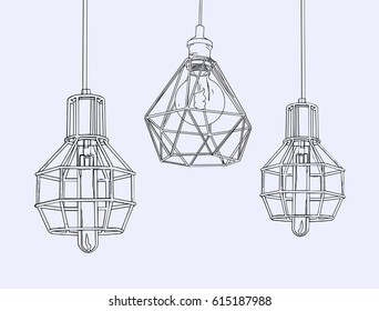 Collection of vintage symbols light bulbs and lamps. Edison light bulbs. Hand drawn sketch line art vector.