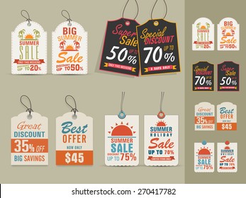 Collection of vintage tags or labels for Big Summer Sale with special discount offers.