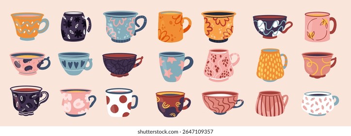 Collection of vintage tea and coffee cups and mugs featuring hand drawn floral, striped and leaf patterns for classic breakfast, brunch or afternoon tea party vector illustration