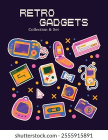 Collection of vintage tech gadgets and devices handheld consoles, cassette, mobile phones music players isolated on a dark background. Retro digital illustration in 90s style. Set of stickers